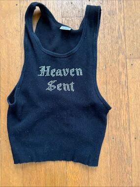 Black Ribbed Tank Top with 'Heaven Sent' Crystal Script